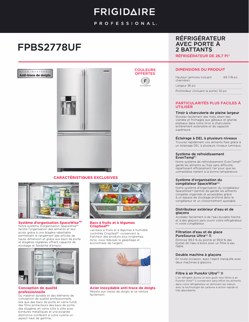 Página 1 del manual Ficha técnica Frigidaire FPBS2778UF