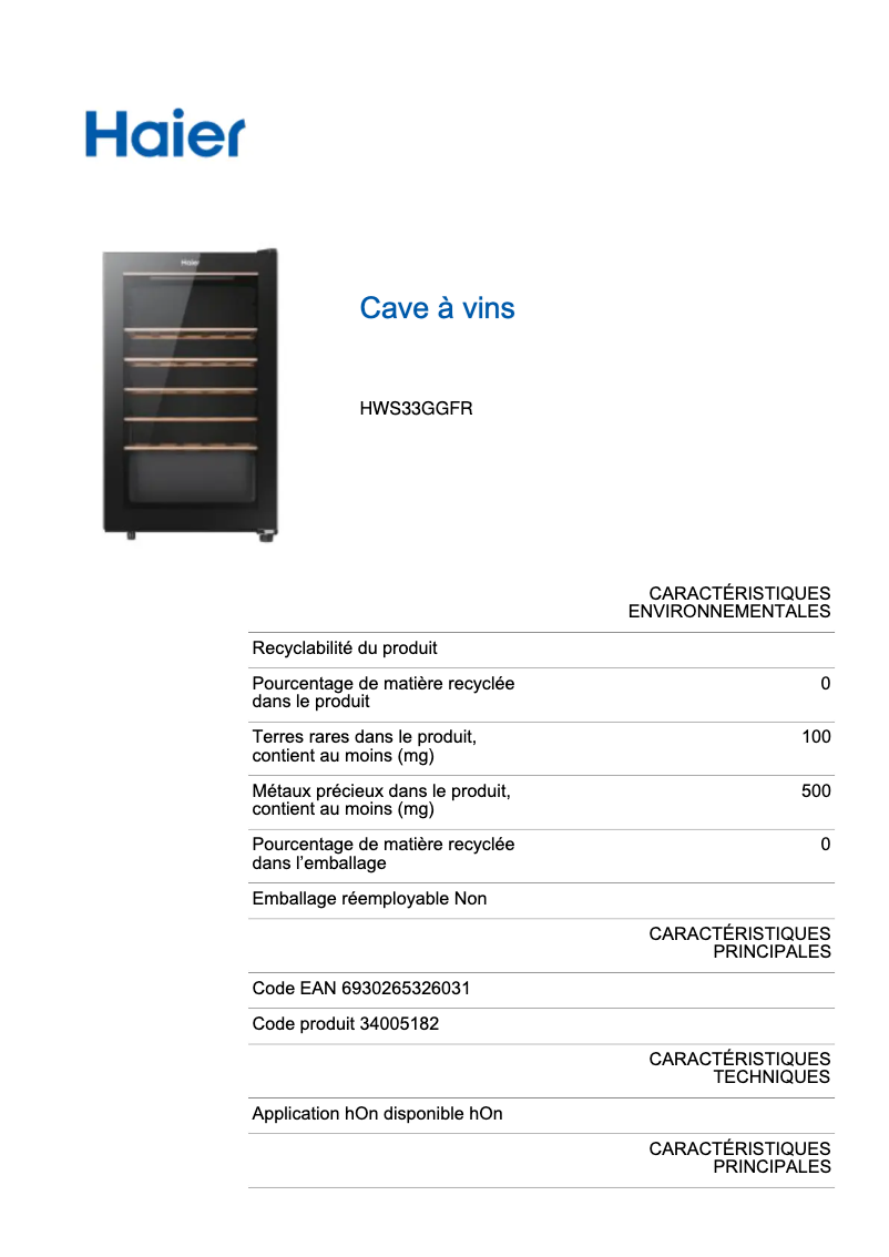 Page 1 de la notice Label énergétique Haier HWS33GGFR