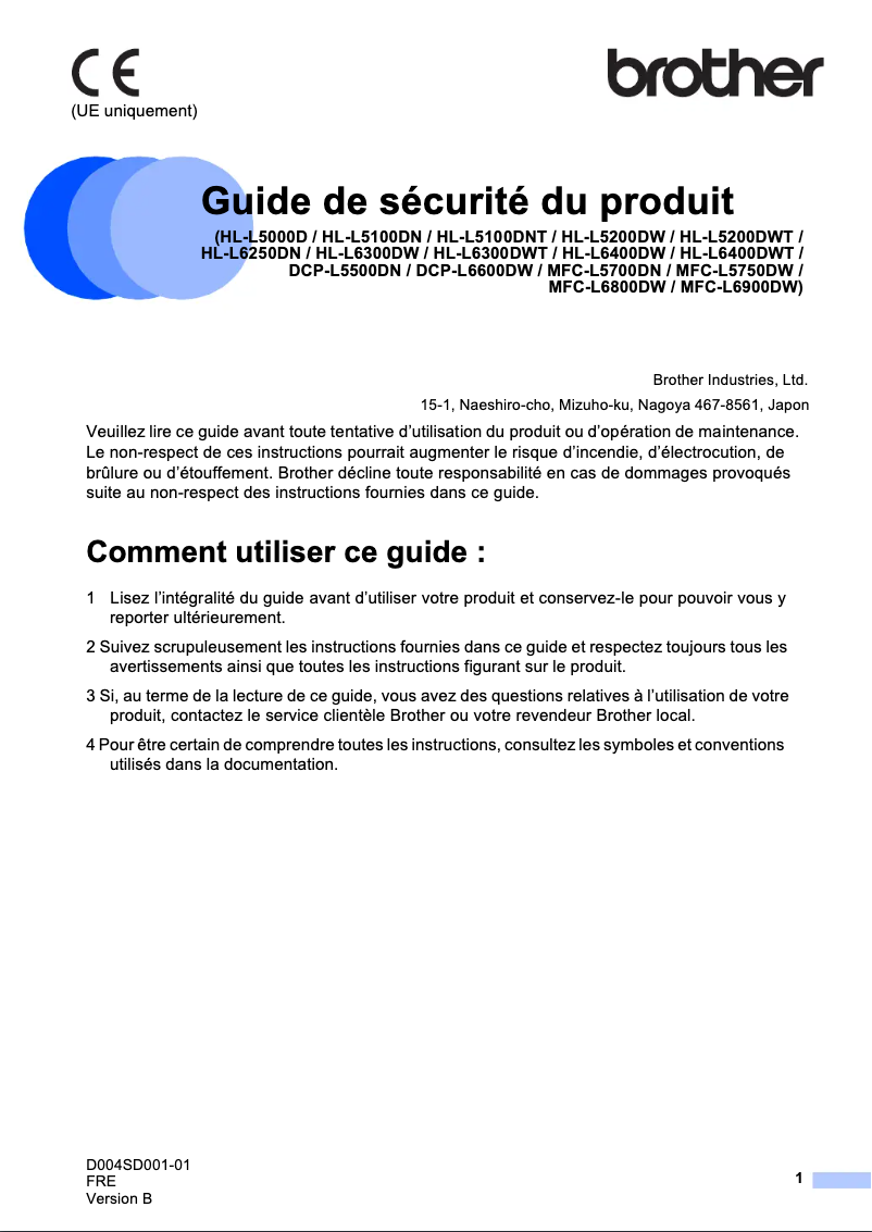 Page n°1 - Instructions de sécurité Brother DCP-L5500DN