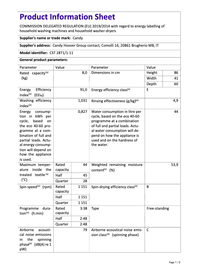 Page 1 de la notice Fiche technique Candy CST 28T1/1-11