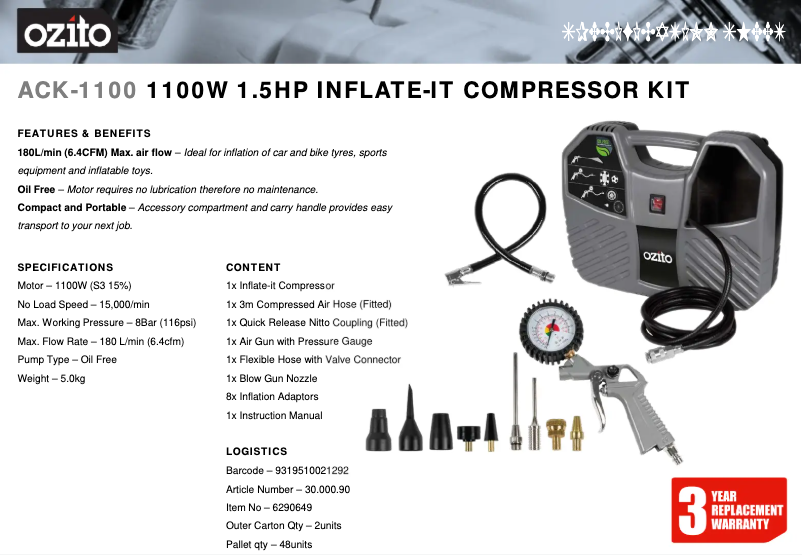 Page 1 de la notice Fiche technique Ozito ACK-1100