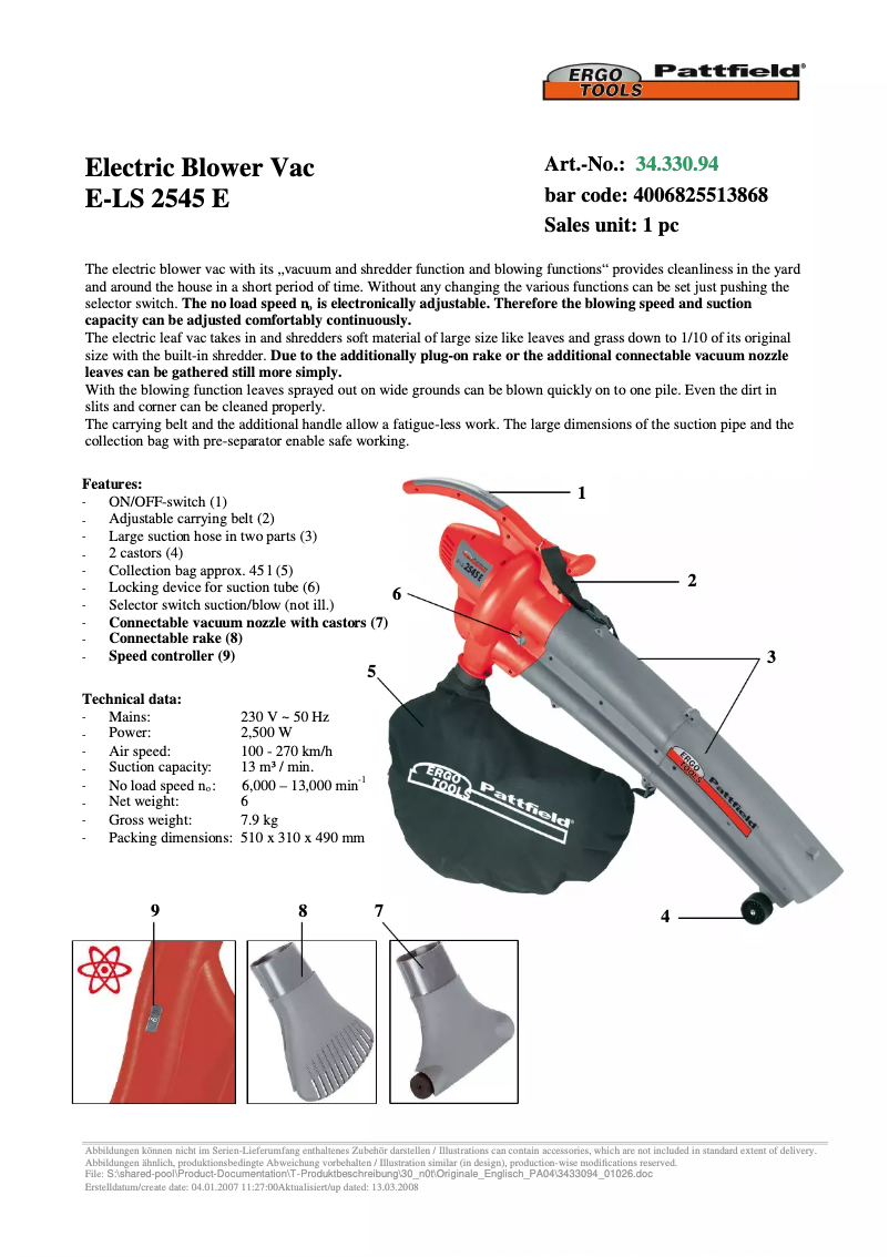 Page n°1 - Fiche technique Ergotools Pattfield E-LS 2545 E