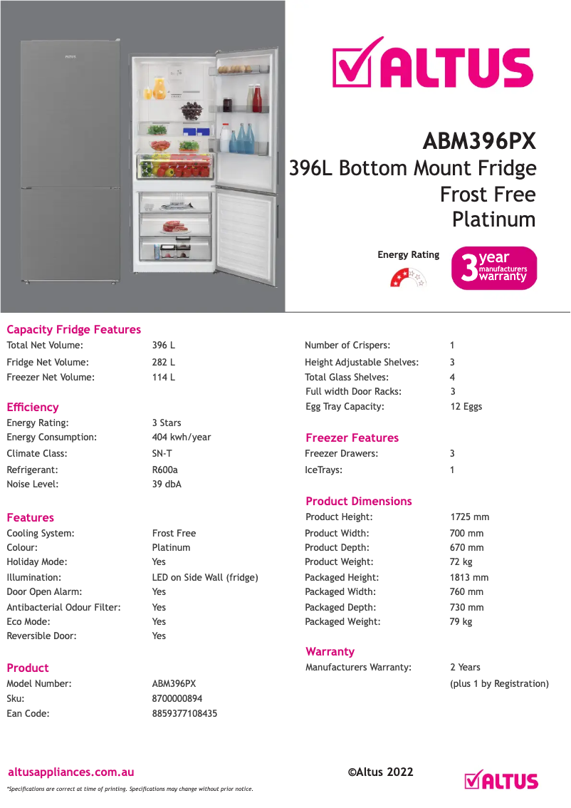 Página 1 del manual Ficha técnica Altus ABM396PX