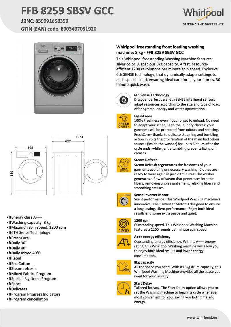 Page 1 de la notice Fiche technique Whirlpool FFB 8259 SBSV GCC