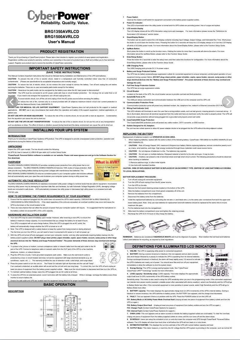 Page 1 de la notice Manuel utilisateur CyberPower Intelligent LCD BRG1500AVRLCD