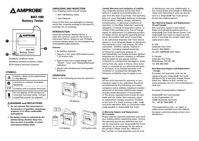 Image de la première page du manuel de l'appareil BAT-100
