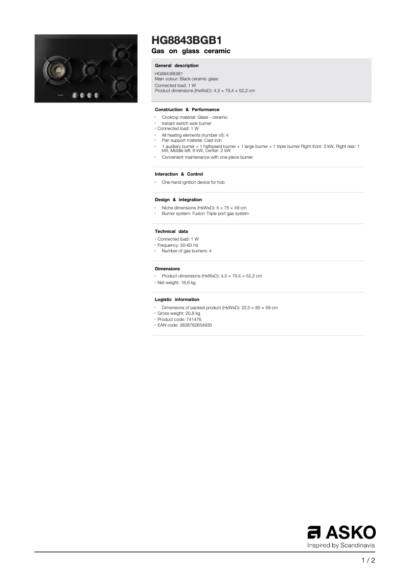 Page 1 de la notice Fiche technique Asko HG8843BGB1