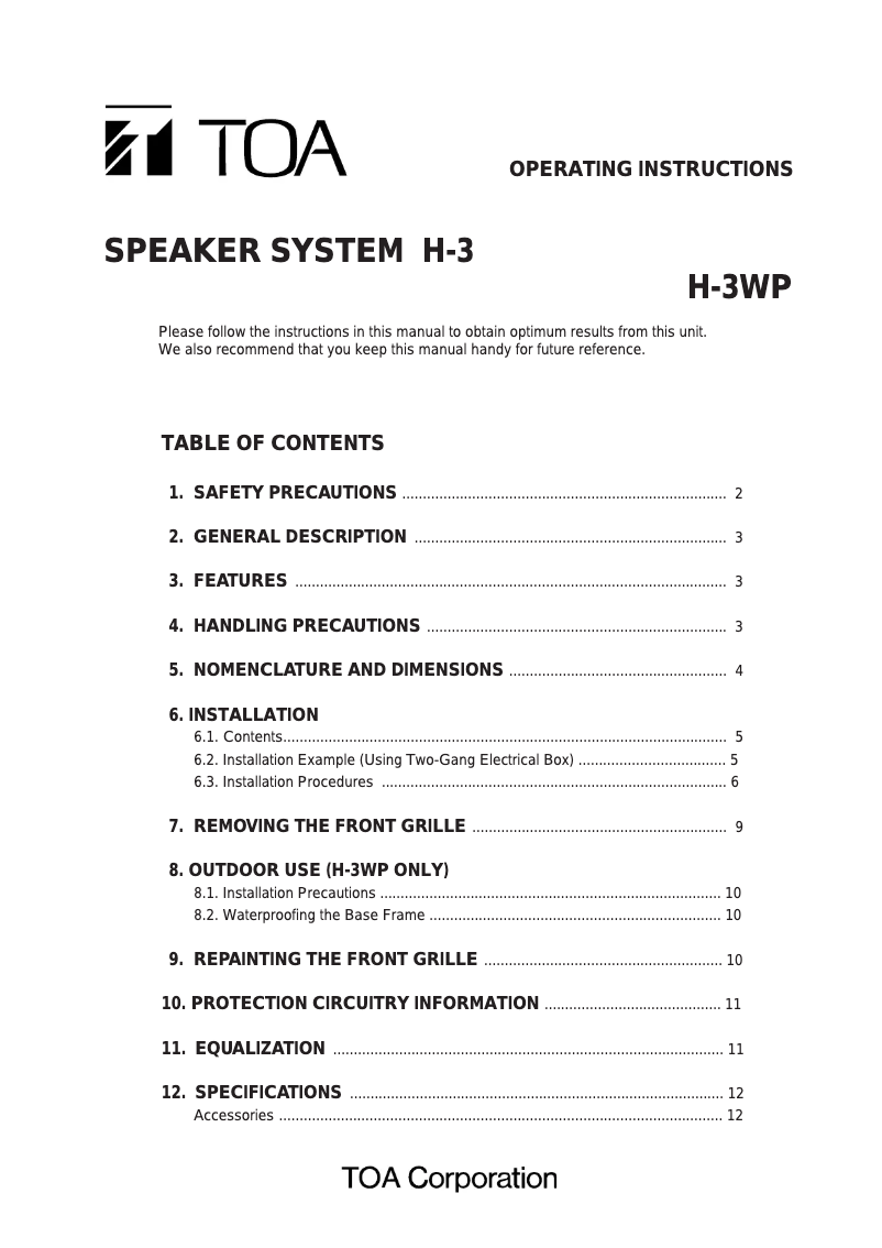 Page n°1 - Manuel utilisateur TOA H-3WP