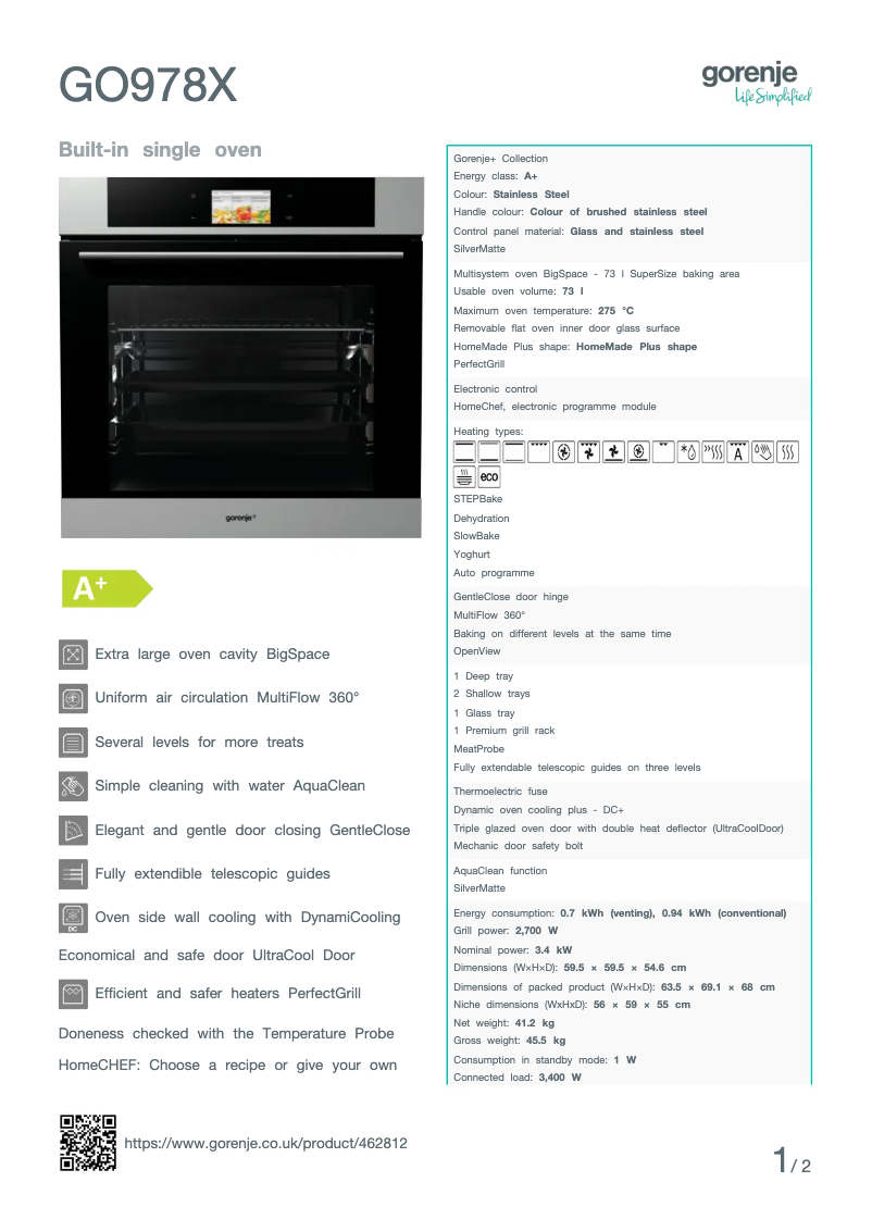 Page n°1 - Fiche technique Gorenje GO978X