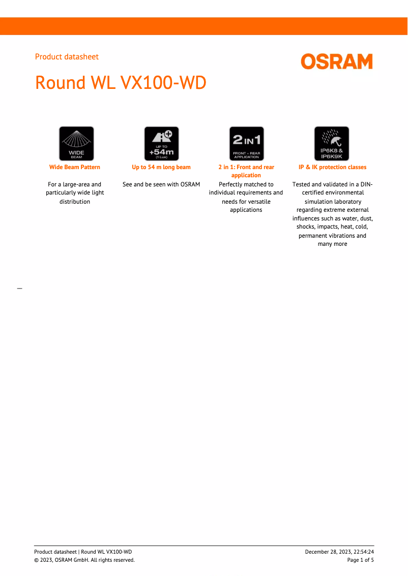 Page 1 de la notice Fiche technique Osram LEDriving Round WL VX100-WD