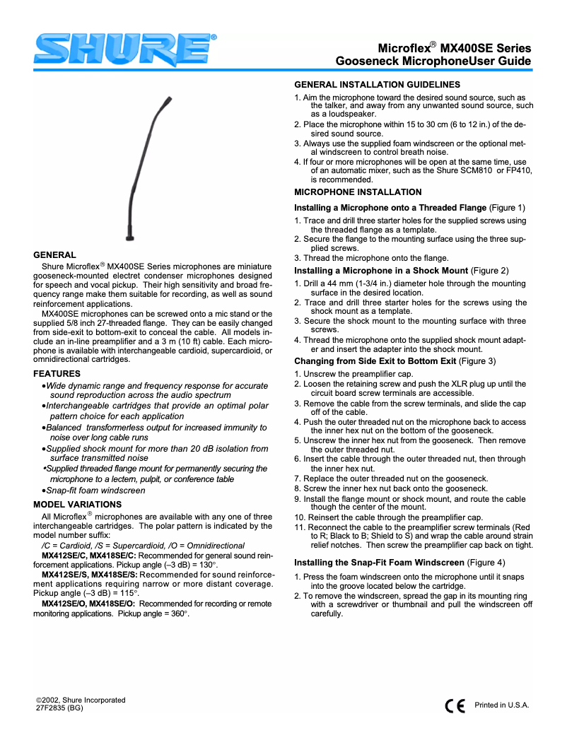 Page 1 de la notice Manuel utilisateur Shure Microflex MX418SE
