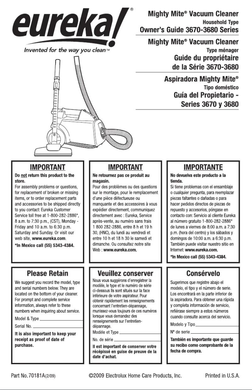 Page n°1 - Manuel utilisateur Electrolux Mighty Mite 3670G