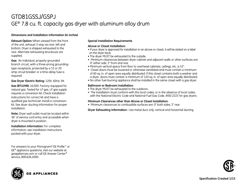 Page 1 de la notice Fiche technique GE GTD81GSPJMC
