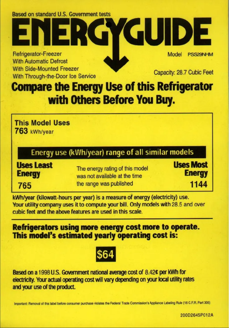 Page 1 de la notice Label énergétique GE PSS29NHMWW
