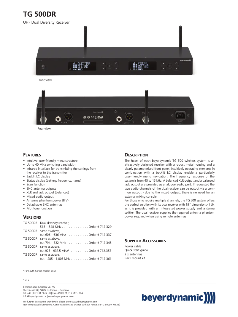 Page n°1 - Fiche technique Beyerdynamic TG 500