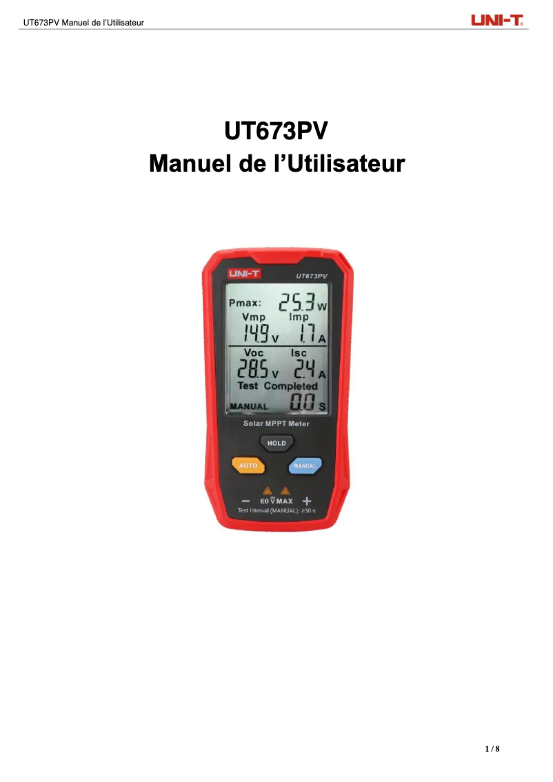Page n°1 - Manuel utilisateur Uni-T UT673PV