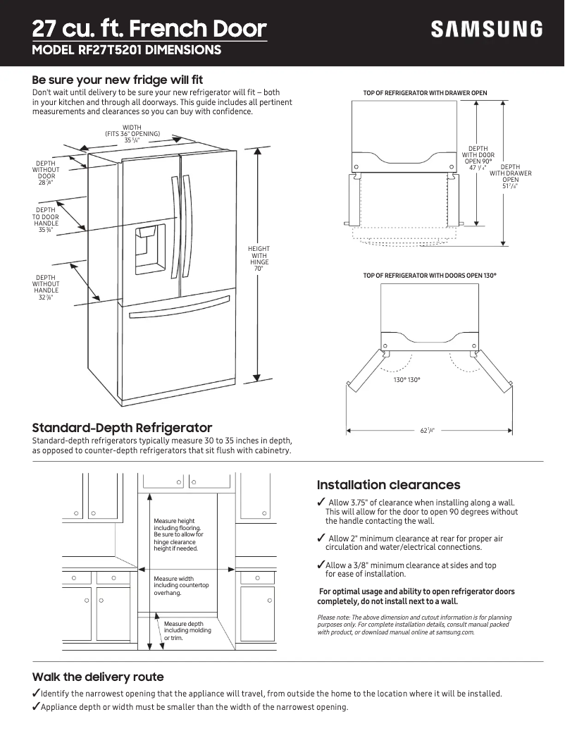 Page 1 de la notice Guide de mesure Samsung RF27T5501SG
