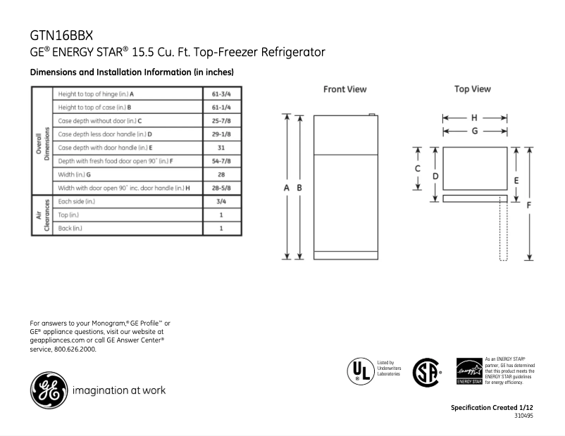 Page 1 de la notice Fiche technique GE GTN16BBXWW