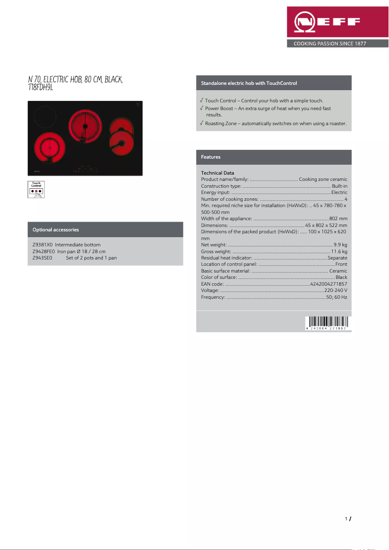 Page n°1 - Fiche technique Neff T18FDH9L