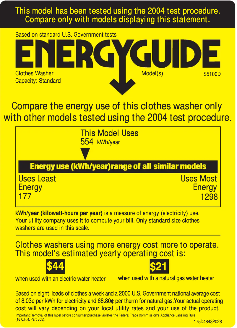 Page 1 de la notice Label énergétique GE S5100DWW