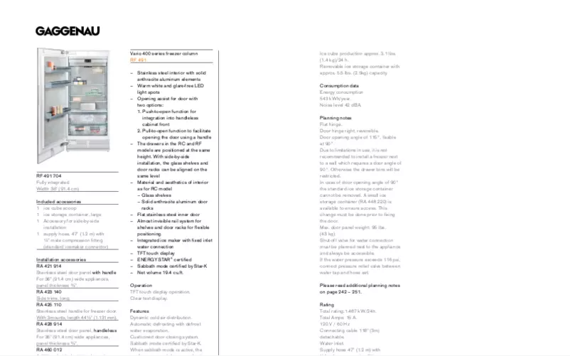Page 1 de la notice Fiche technique Gaggenau RF491704