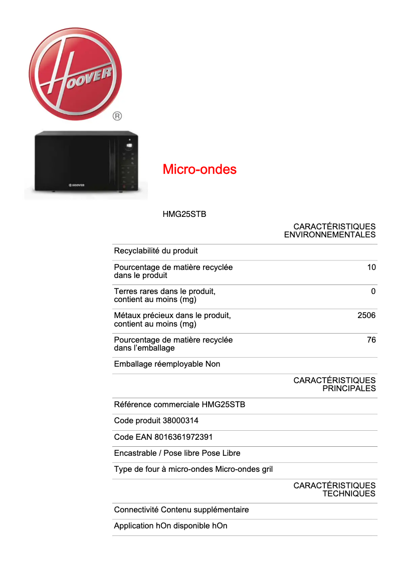 Page n°1 - Fiche technique Hoover CHEFVOLUTION HMG25STB