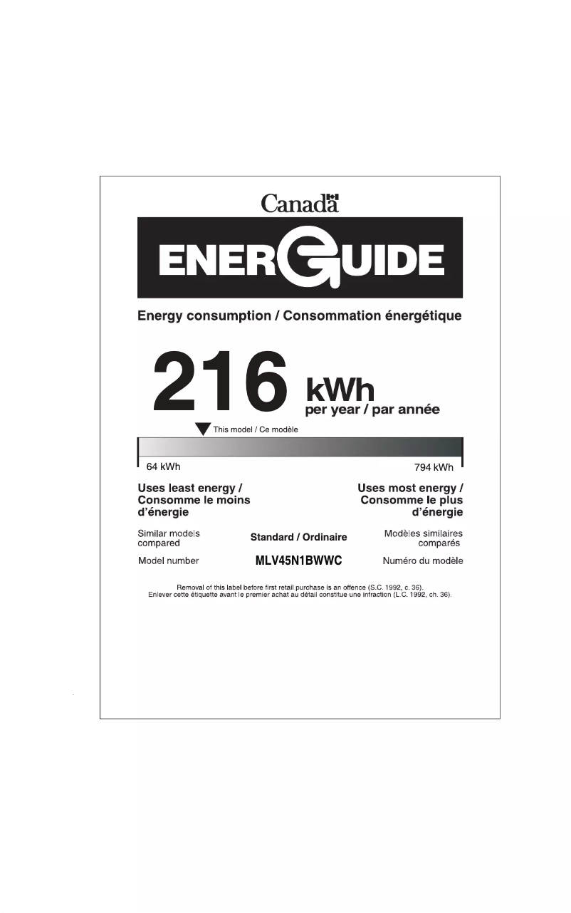 Page 1 de la notice Label énergétique Midea MLV45N1BWWC