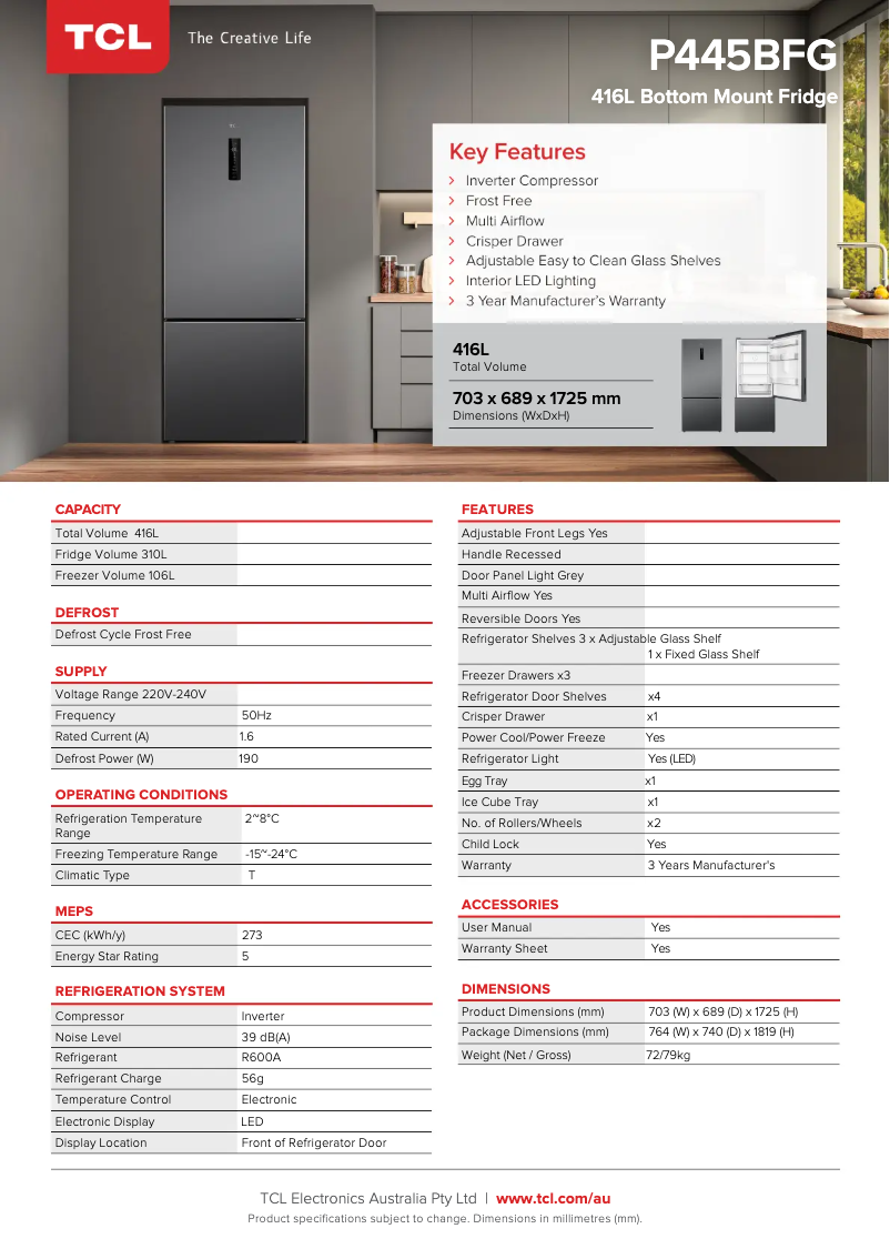 Page 1 de la notice Fiche technique TCL P445BFG