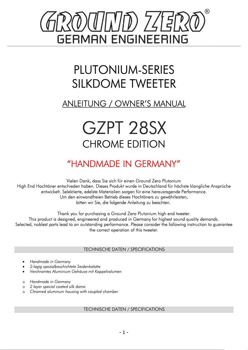 First page image of the manual for GZPT 28SX Chrome Edition