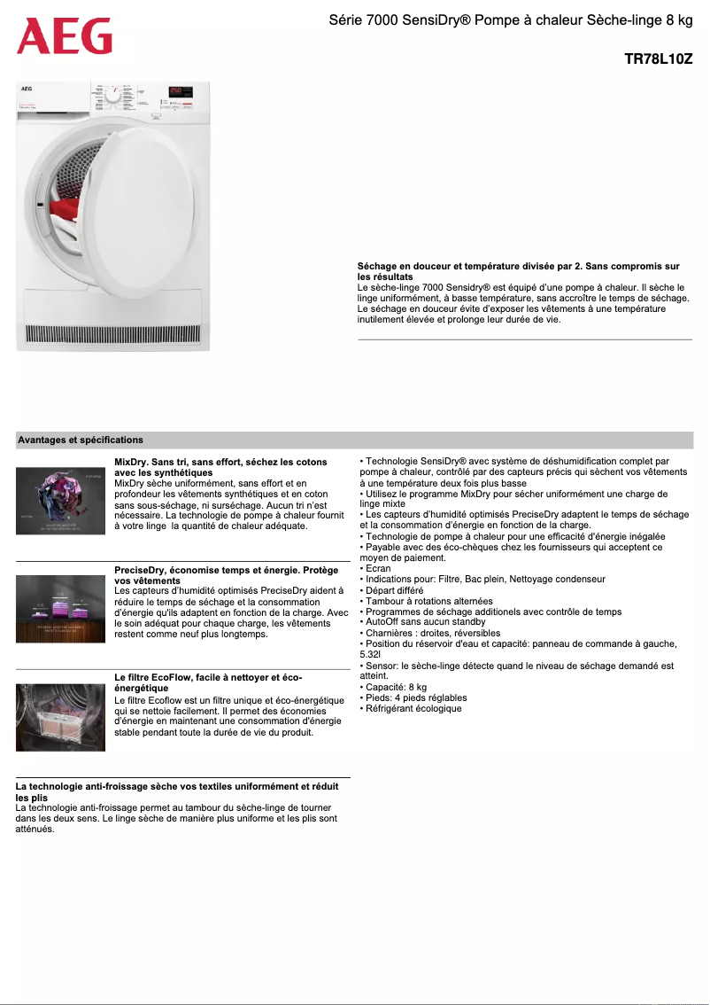 Página 1 del manual Ficha técnica AEG TR78L10Z