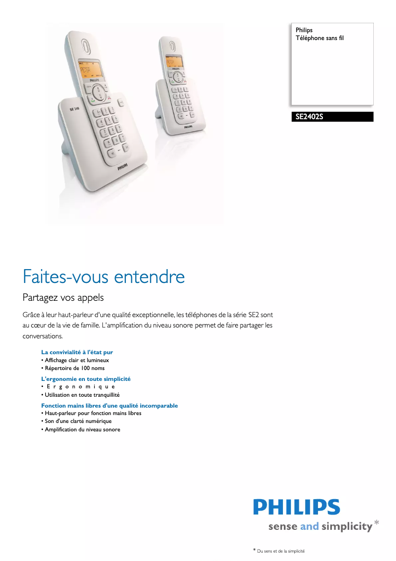 Page 1 de la notice Fiche technique Philips SE2402S