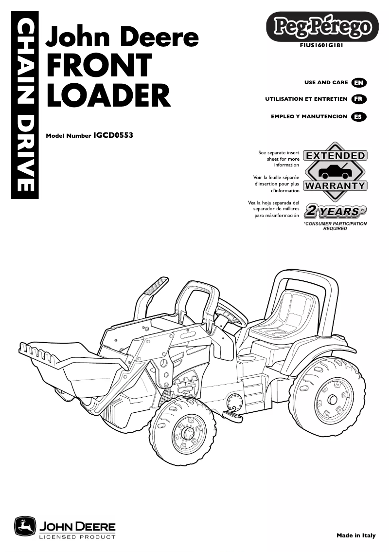 Page 1 de la notice Manuel utilisateur Peg Perego John Deere Front Loader