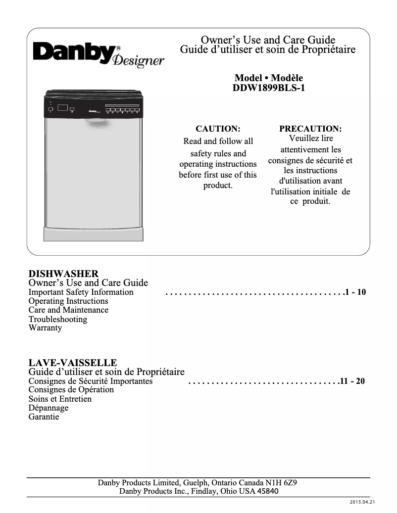 Page 1 de la notice Manuel utilisateur Danby DDW1899BLS-1