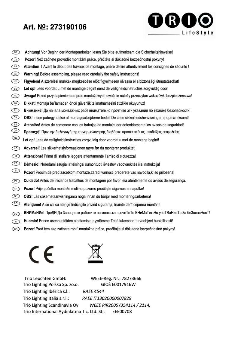 Page n°1 - Manuel utilisateur Trio Lighting Basel 273190106