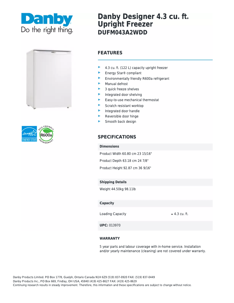 Page n°1 - Fiche technique Danby Designer DUFM043A2WDD