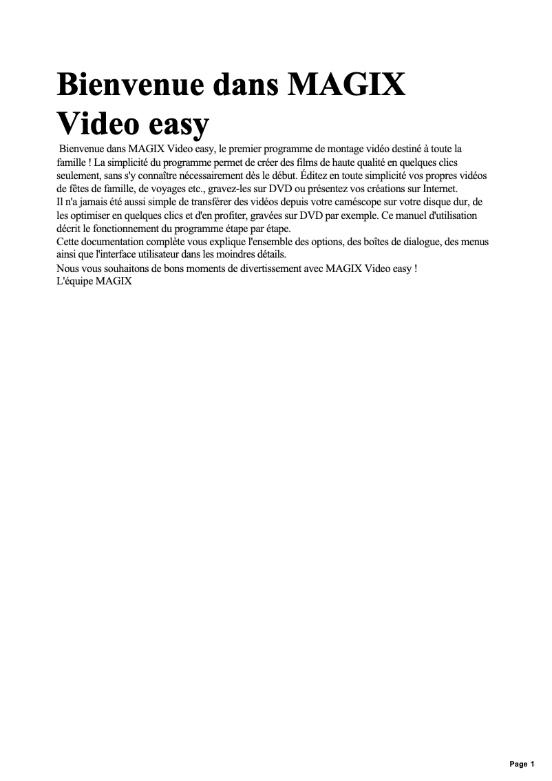Page 1 de la notice Manuel utilisateur Magix Video Easy