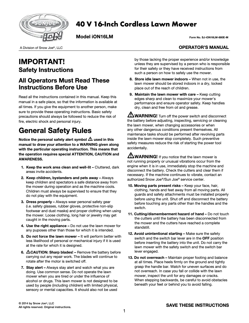 Page 1 de la notice Manuel utilisateur Sun Joe ION16LM