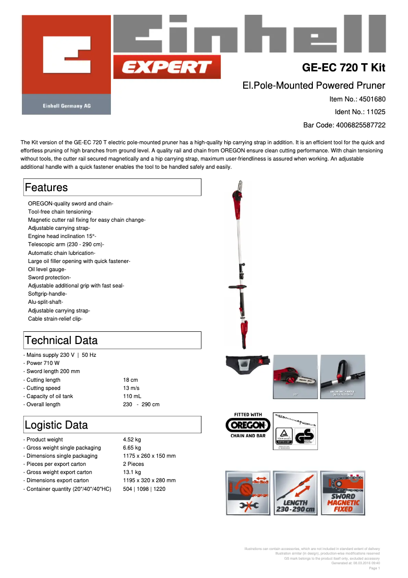 Page 1 de la notice Fiche technique Einhell GE-EC 720 T Kit