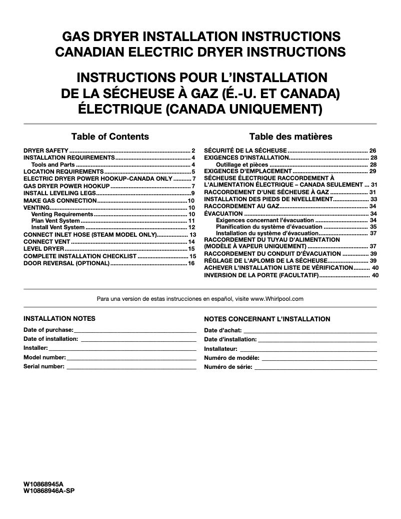 Page 1 de la notice Guide d'installation Whirlpool WGD85HEF