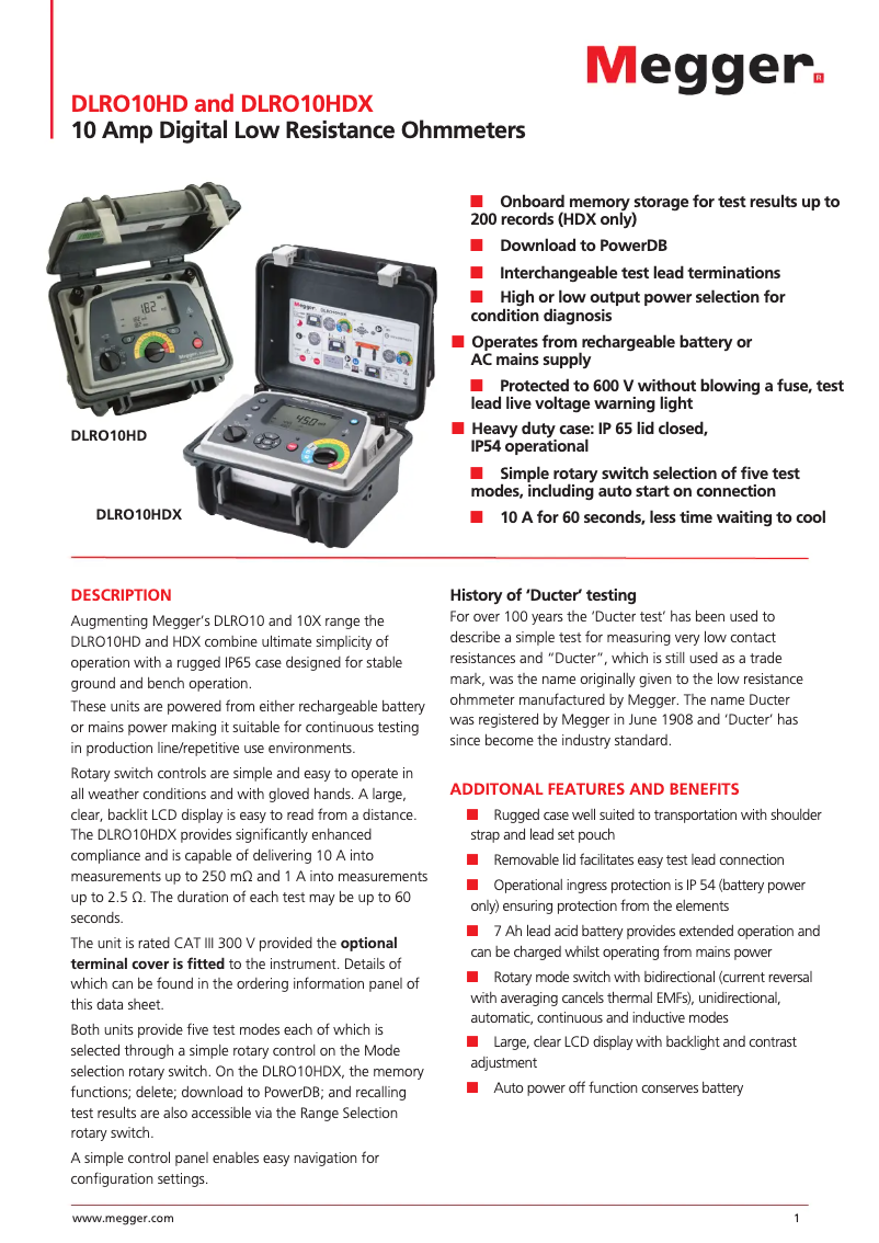 Page 1 de la notice Fiche technique Megger DLRO10HD