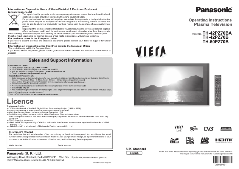 Page 1 de la notice Manuel utilisateur Panasonic Viera TH-42PZ70B