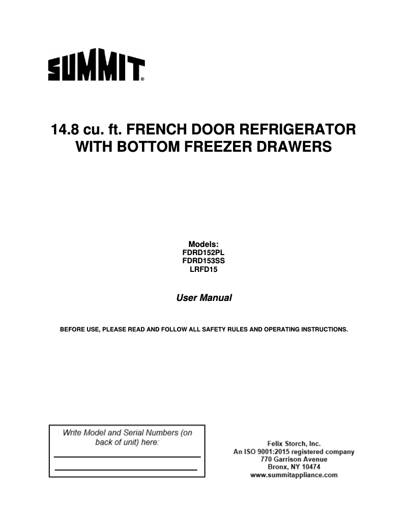 Page 1 de la notice Manuel d'utilisation et d'entretien Summit FDRD152PL