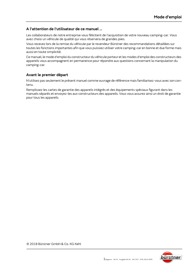 Page 1 de la notice Manuel utilisateur Bürstner Elegance (2019)