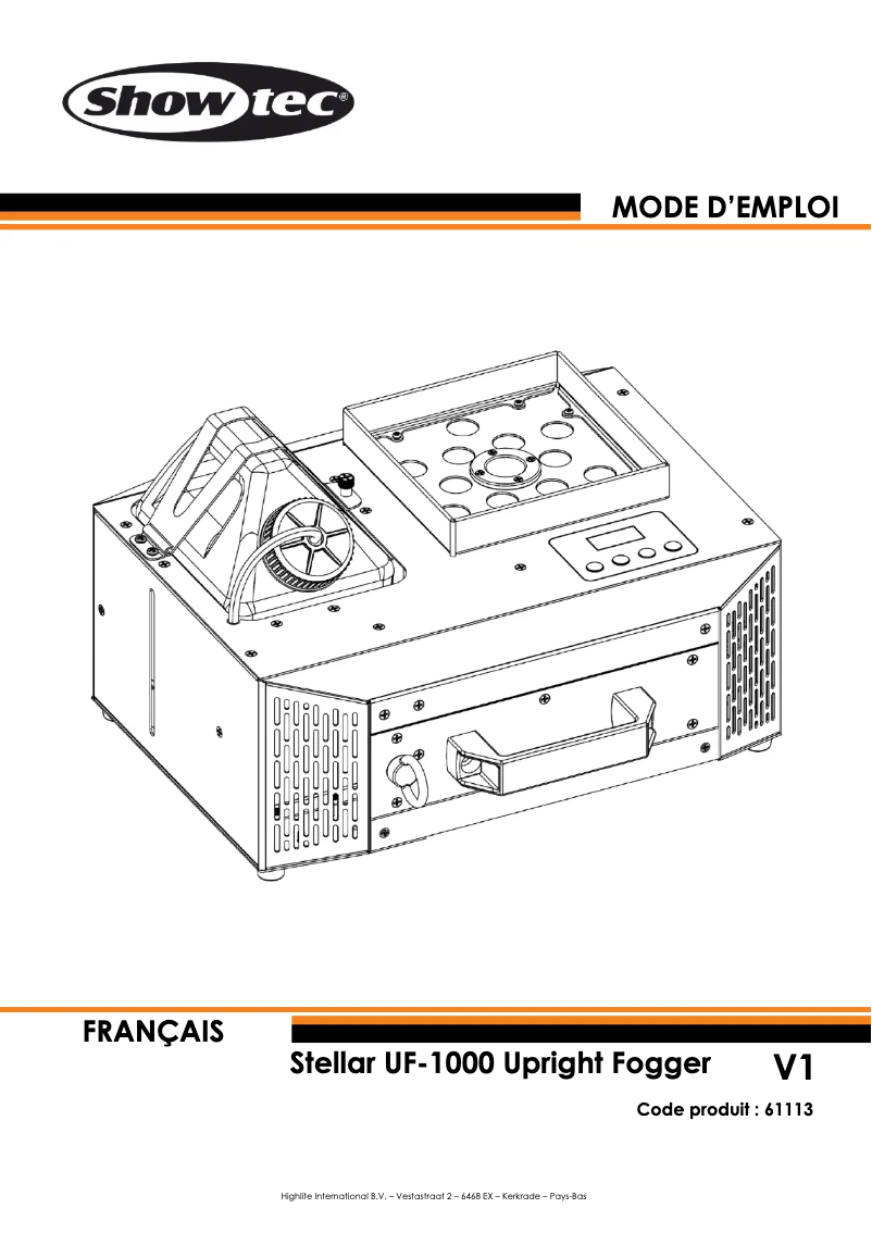 Page 1 de la notice Manuel utilisateur Showtec Stellar UF-1000 Upright Fogger