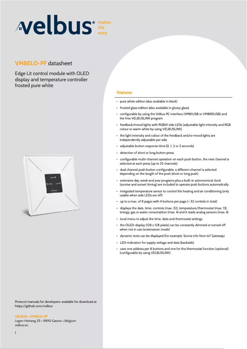 Page 1 de la notice Fiche technique Velbus VMBELO