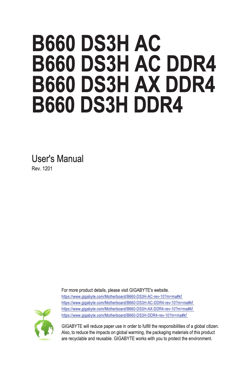 Page 1 de la notice Manuel utilisateur Gigabyte B660 DS3H AX DDR4