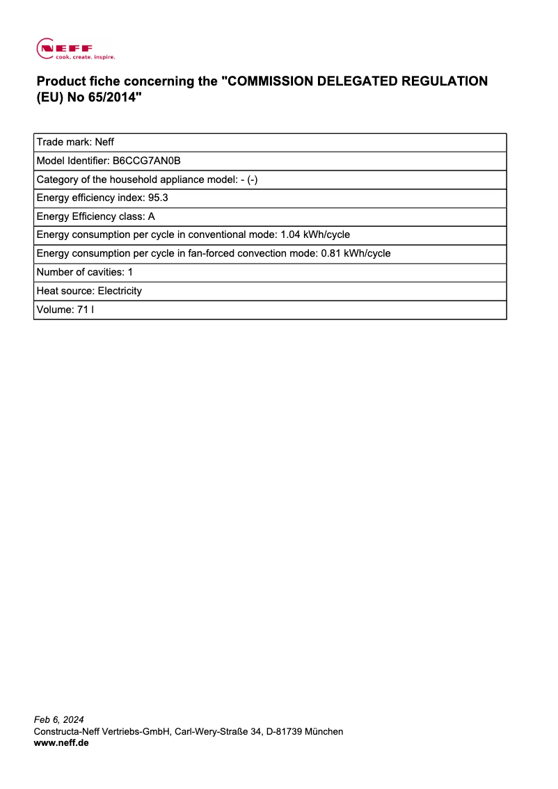 Page n°1 - Fiche technique Neff B6CCG7AN0B