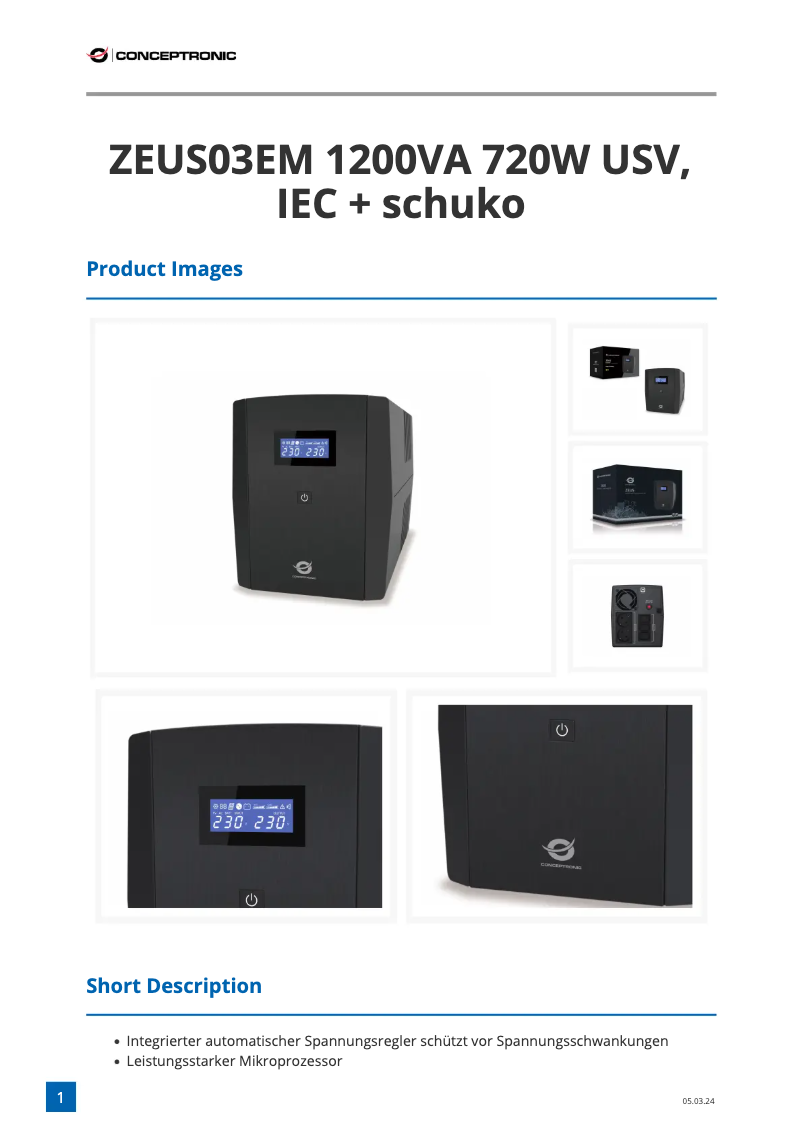Page 1 de la notice Fiche technique Conceptronic ZEUS03EM