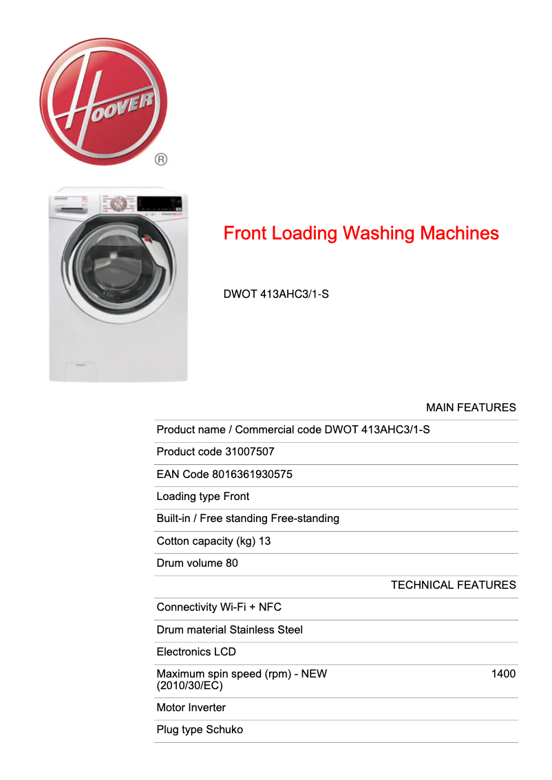 Page 1 de la notice Fiche technique Hoover DYNAMIC NEXT DWOT 413AHC3/1-S