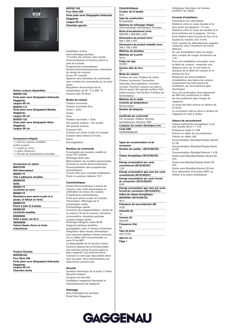 Página 1 del manual Ficha técnica Gaggenau BOP251102